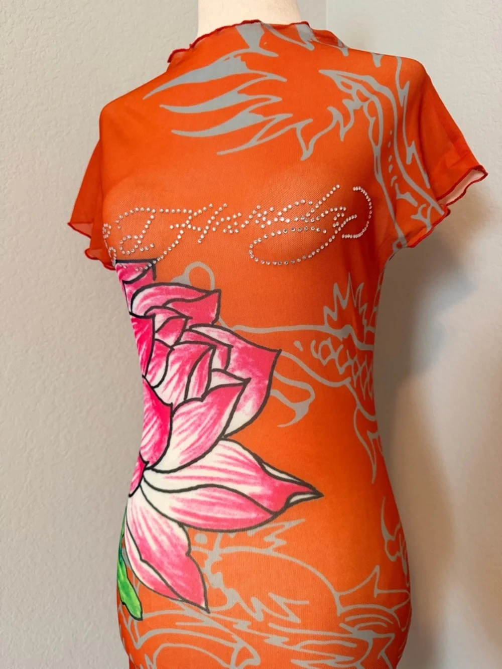 Ed Hardy Lotus Dragon Rhinestone Mesh Cover Up Mini Dress - Orange Combo - Picture 3 of 10